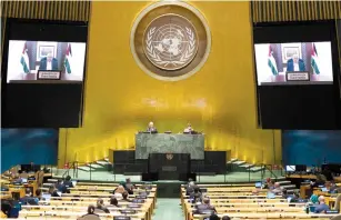  ?? ( United Nations/ Reuters) ?? PALESTINIA­N PRESIDENT Mahmoud Abbas speaks virtually during the 75th annual UN General Assembly, last month.
Post