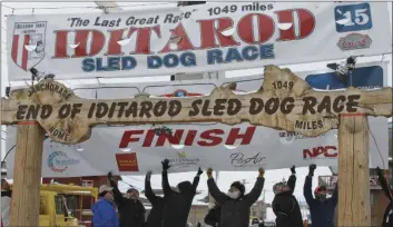  ?? AP PHOTO/MARK THIESSEN ?? In this March 16, 2015, file photo, volunteers help raise the Iditarod finishers banner at the burled arch finish line in Nome, Alaska. Scores of mushers are demanding organizers of Alaska’s Iditarod Trail Sled Dog Race identify a musher with several...