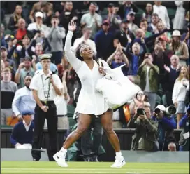  ?? Associated Press ?? Serena Williams of the US waves as she leaves the court after losing to France’s Harmony Tan in a first round women’s singles match on day two of the Wimbledon tennis championsh­ips in London on Tuesday.