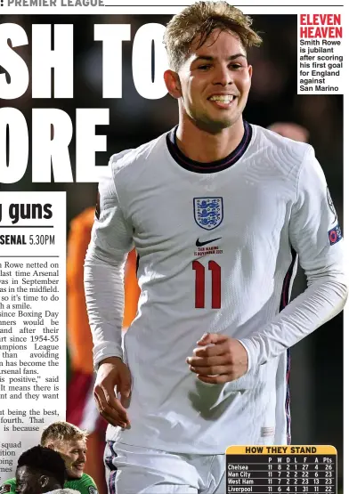  ?? ?? ELEVEN HEAVEN Smith Rowe is jubilant after scoring his first goal for England against San Marino