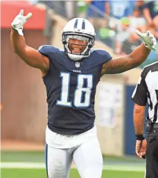  ?? CHRISTOPHE­R HANEWINCKE­L, USA TODAY SPORTS ?? Tennessee receiver Rishard Matthews celebrates a touchdown during a win against Seattle.