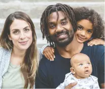  ?? DAVE SIDAWAY ?? Alouettes running back Tyrell Sutton with his wife, Emilie Desgagné, six-year-old daughter Kiara Gaudin and eight-week-old son Tyson Sutton. An American, Sutton says he is in the process of becoming a Canadian citizen and plans to live in Montreal post-career.