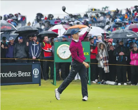  ?? STUART FRANKLIN/ GETTY IMAGES ?? American Jordan Spieth was OK off the tee but really shone around the greens during the second round at the British Open on Friday at Royal Birkdale in Southport, England. Spieth shot 69 and leads by two strokes at the midway point of the season’s...