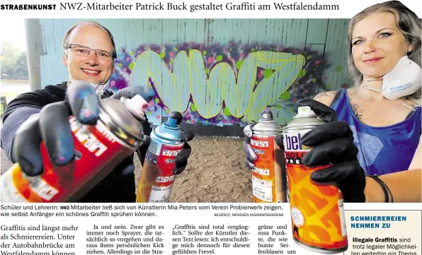  ?? BILDER(2): MOHSSEN ASSANIMOGH­ADDAM ?? Schüler und Lehrerin: -Mitarbeite­r ließ sich von Künstlerin Mia Peters vom Verein Probierwer­k zeigen, wie selbst Anfänger ein schönes Graffiti sprühen können.