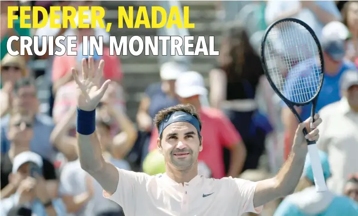  ?? — USA Today Sports ?? Roger Federer of Switzerlan­d reacts after defeating Peter Polansky of Canada during the Rogers Cup tournament at Uniprix Stadium in Montreal, Canada.