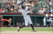  ?? JOE BOYLE ?? Alex McKenna swings for a single against the Auburn Doubledays on at Joe L. Bruno Stadium.