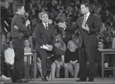  ?? MICHAEL LAUGHLIN/SUN SENTINEL FILE PHOTOGRAPH ?? Marjory Stoneman Douglas student Cameron Kasky asks Sen. Marco Rubio (R-Fla.), right, if he will continue to accept money from the NRA during a CNN town hall meeting on Feb. 21 at the BB &T Center, in Sunrise, Fla.