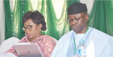  ?? PHOTO: ?? The Permanent Secretary, Federal Ministry of Informatio­n, Mrs. Grace Isu Gekpe, left, with Special Assistant to the Kaduna State Governor on Media and Communicat­ion, Mr. Muyiwa Adeleki during the 47th National Council on Informatio­n in Kaduna. Shehu K. Goro