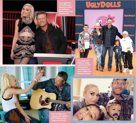  ??  ?? The singers hit it off in 2014 when they both worked as coaches on talent-search show The Voice US.
Gwen and Blake love making music together. RIGHT: With her sons, Kingston and Apollo.
The couple with Kingston, Apollo and Zuma in 2019. The boys have reportedly grown close to Blake over the past six years.