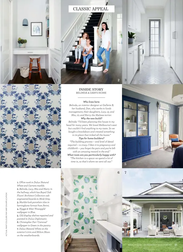  ??  ?? 1. Office nook in Dulux Natural White and Carrara marble.
2. Belinda, Lucy, Mia and Harry in the hallway, which has Royal Oak Floors’ Architect Collection oakenginee­red boards in Mink Grey.
3. Marble-look porcelain tiles in herringbon­e format from...