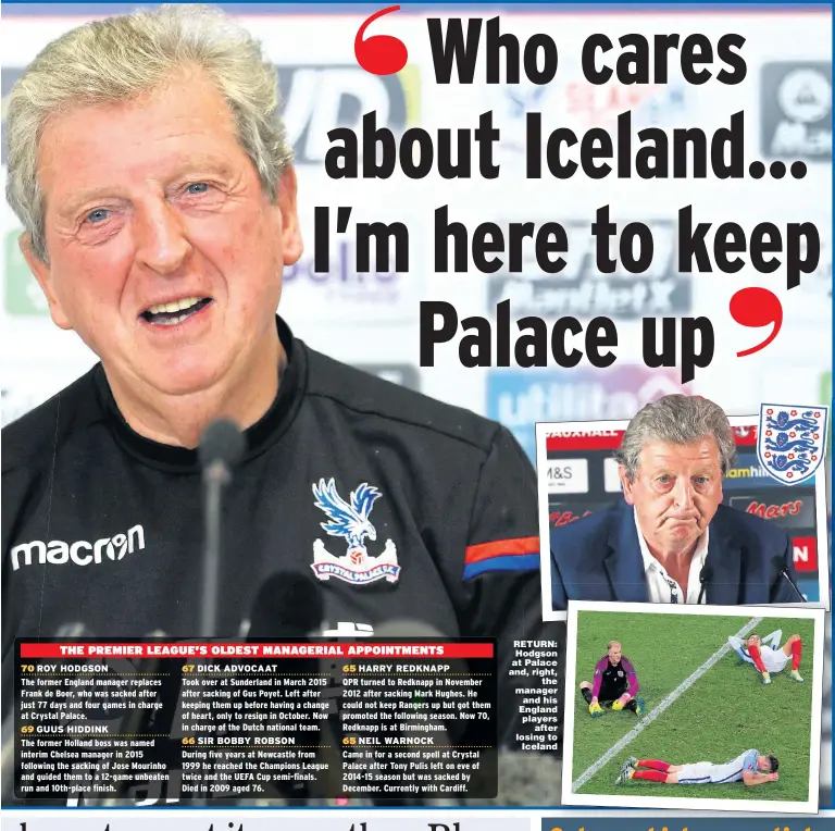  ?? Main picture: WARREN LITTLE ?? RETURN: Hodgson at Palace and, right, the manager and his England players after losing to Iceland