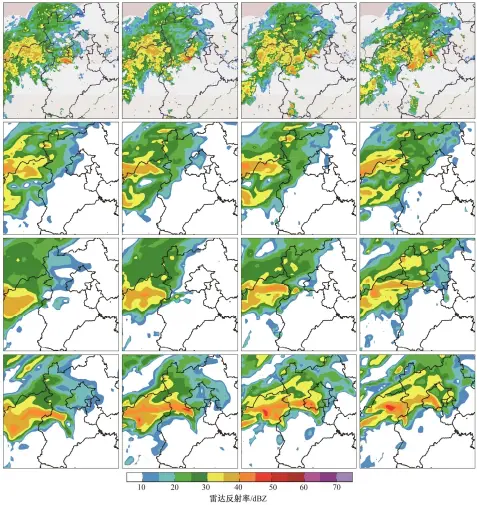  ??  ?? 图8 21日09时(第一列)、21日10时(第二列)、21日11时(第三列)和21日12时(第四列)观测的0.5仰角基本反射率(第一行), 相应时刻没有资料同化­的对照试验CNTL_2014 (第二行)、Enkf同化试验en­semble_mean (第三行)以及样本16 (第四行)的雷达组合反射率Fi­g. 8 Basic reflectivi­ty at elevation angel of 0.5°of observatio­n (first row) and composite radar reflectivi­ty of CNTL_2014 (second row), Ensemble_mean (third row) and Member16 (fourth row) at 09 LST July 21 (first column), 10 LST July 21 (second column), 11 LST July 21 (third column) and 12 LST July 21 (fourth column)