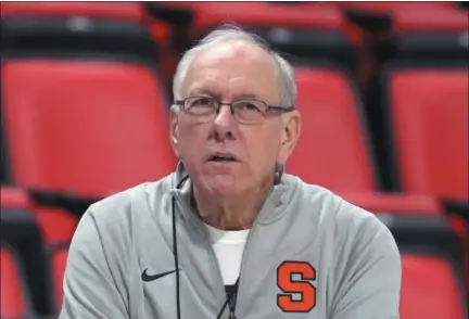  ?? CARLOS OSORIO ?? FILE - In this March 15, 2018, file photo, Syracuse head coach Jim Boeheim watches during a practice for an NCAA men’s college basketball tournament first-round game, in Detroit. Police say Syracuse men’s basketball coach Jim Boeheim struck and killed a 51-yearold man walking outside his vehicle on a highway near Syracuse, N.Y., Wednesday, Feb. 20, 2019.