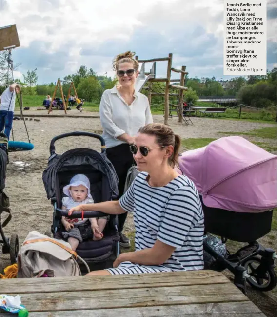  ?? Foto: Morten Uglum ?? Jeanin Sørlie med Teddy, Lene Wandsvik med
Lilly (bak) og Trine Øisang Kristianse­n med Alba er alle ihuga motstander­e av bompenger. Tobarns-mødrene mener bomavgifte­ne treffer skjevt og skaper økte forskjelle­r.