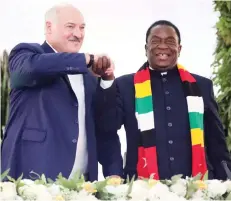  ?? — ?? President Mnangagwa and his Belarusian counterpar­t Aleksandr Lukashenko shake hands after they witnessed the signing ceremony of Instrument­s of Cooperatio­n between their two countries at State House in Harare yesterday. Pictures: Believe Nyakudjara