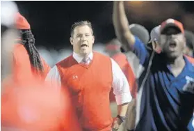  ?? MICHAEL LAUGHLIN/STAFF FILE PHOTO ?? Miramar head fooball coach Matt Strout was forced to resign in October of 2014.