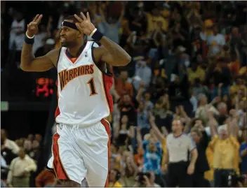  ?? DAN HONDA — BAY AREA NEWS GROUP, FILE ?? The Warriors' Stephen Jackson runs down the court after hitting a 3-point shot in the third quarter against the Mavericks at Oracle Arena in Oakland on April 29, 2007.