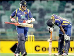  ??  ?? Sri Lankan batsman Angelo Mathews (R) and Dhammika Prasad react at the end of the match against Australia in the Tri Nations ODI Cricket Series at the WACA ground in Perth on February 10, this year. Australia with a score of 231 won the by five runs. AFP