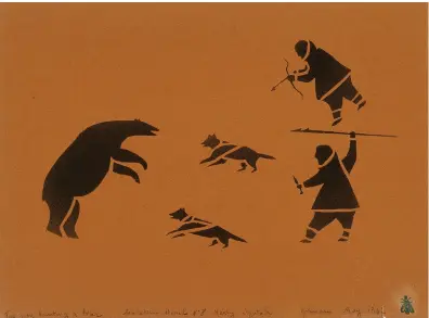  ?? ALL COURTESY WINNIPEG ART GALLERY ?? Harry Egotak (1925–2009 Ulukhaktok) —
Two Men Hunting a Bear 1962
Sealskin stencil
30 × 40 cm