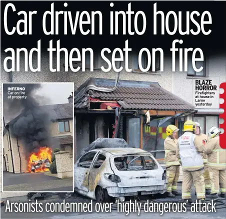  ??  ?? INFERNO Car on fire at property BLAZE HORROR Firefighte­rs at house in Larne yesterday