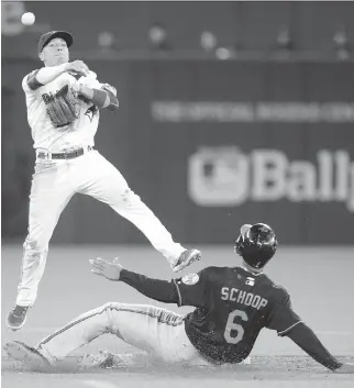  ?? DARREN CALABRESE/THE CANADIAN PRESS ?? The Blue Jays’ Ryan Goins tries to turn a double-play over Baltimore Orioles’ Jonathan Schoop during fourth inning of their game in Toronto on Friday.