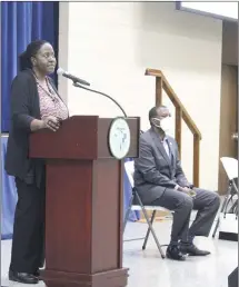  ?? Katie West • Times-Herald ?? Arlisa Price, director of the Forrest City Public Library, discusses how the facility would use additional funding if a sales tax proposal is approved by voters in April. A town hall was held Thursday evening, during which city officials discussed the ways they would spend the money. Voters will decide whether or not to extend a .625% sales tax to fund a bond for about $17 million in projects.