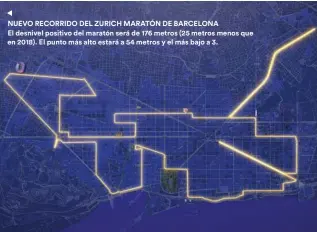  ??  ?? NUEVO RECORRIDO DEL ZURICH MARATÓN DE BARCELONAE­l desnivel positivo del maratón será de 176 metros (25 metros menos que en 2018). El punto más alto estará a 54 metros y el más bajo a 3.
