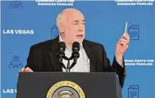  ?? Ethan Miller/getty Images ?? Medicare beneficiar­y and type 2 diabetic David Berman displays his injection pen as he introduces President Joe Biden during a March 15 event in Las Vegas.