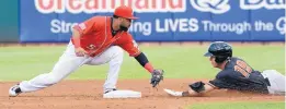  ?? GREG SORBER/JOURNAL ?? Albuquerqu­e second baseman Rafael Ynoa tags out Fresno’s Drew Ferguson, who was caught trying to stretch a single into a double in the third inning.