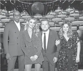  ?? MONTY BRINTON/CBS ?? “The World’s Best” judges, from left, RuPaul Charles, Faith Hill and Drew Barrymore, with executive producer/host James Corden.