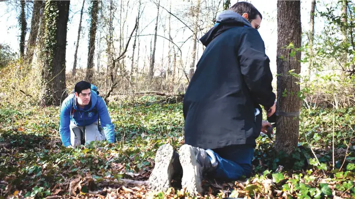  ??  ?? Dan Herrera, 24, left, and Justin Belsley, 50, both D.C. Cat Count field technician­s, place a camera in the woods at the National Arboretum in Washington. — Photos by Sarah L. Voisin and DC Cat Count