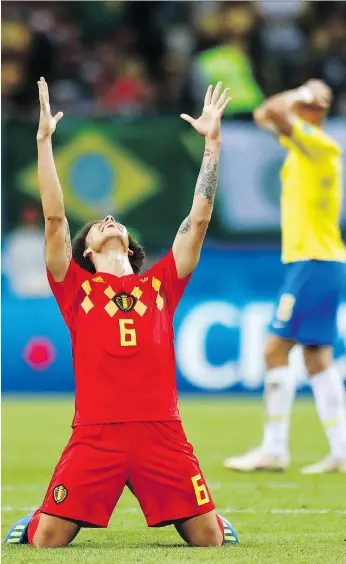  ?? MATTHIAS SCHRADER/THE ASSOCIATED PRESS ?? Axel Witsel celebrates at the final whistle as Belgium beat Brazil 2-1 in their quarter-final in Kazan, Russia on Friday to reach the World Cup semis for the first time since 1986.