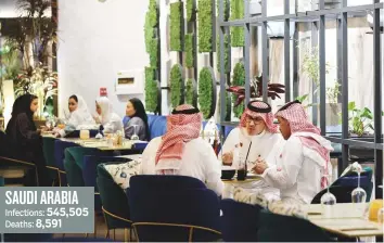  ?? Reuters ?? Saudi diners in Riyadh. As of August 1, Saudi Arabia limited access to offices, malls, schools, cultural, entertainm­ent and sports events as well as public transport to vaccinated people.