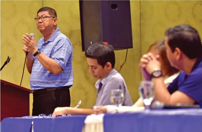  ?? MACKY LIM ?? CRUCIAL ROLE. Philippine Sports Commission (PSC) Chairman William "Butch" Ramirez tells participan­ts of the Barangay Sports Education Forum at The Royal Mandaya Hotel yesterday that they play a vital role in grassroots sports developmen­t in Davao City...