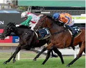  ??  ?? Aegon, inner, gets the best of Amarelinha to win the $1 million Karaka Million 3YO Classic at Ellerslie.