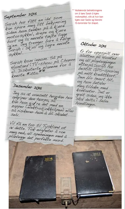  ??  ?? OVER Kitts medtatte dagbøker gjengir i detalj parets drapsplane­r. Kitt hadde etterlatt dem på arbeidspla­sssen sin, der de ble funnet av politiet.