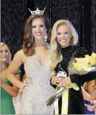  ?? COURTESY OF DANNY BARGER ?? Ouachita Baptist University junior Gracie Stover, right, was named third runner-up in the 2018 Miss Arkansas Scholarshi­p Pageant on June 16. She receives congratula­tions from Miss Arkansas 2017 Maggie Benton of Jonesboro.