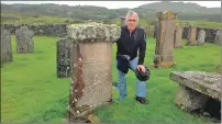  ??  ?? Mario Alejandro Mac Dougall at the grave of one of his ancestors on the isle of Seil and his paintings of Dunollie and Gylen castles.