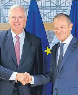  ?? Picture: AP. ?? The EU’s chief Brexit negotiator Michel Barnier, left, and European Council president Donald Tusk before talks in Brussels yesterday.