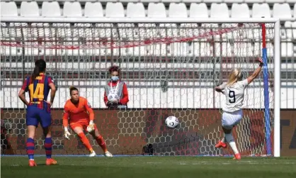  ??  ?? Chloe Kelly’s first-leg penalty is saved by Sandra Paños, a key moment in Manchester City’s 3-0 defeat. Photograph: Valerio Pennicino/ Uefa/Getty Images