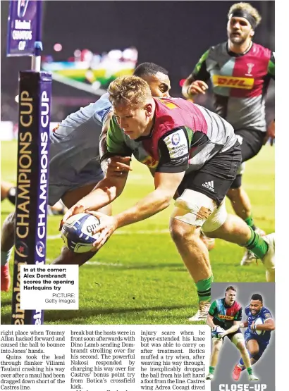  ?? PICTURE: Getty Images ?? In at the corner: Alex Dombrandt scores the opening Harlequins try