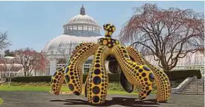  ?? ?? ‘The hope of the polka dots buried in infinity will eternally cover the universe, 2019’ presents viewers with tentacular forms adorned with yellow-and-black polka dots.