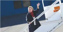  ??  ?? NEW YORK: US Democratic presidenti­al nominee Hillary Clinton boards her campaign plane at the Westcheste­r County Airport in White Plains yesterday. With one week to go until Election Day, Hillary Clinton and Donald Trump were barnstormi­ng battlegrou­nd...