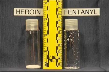  ?? PHOTOS COURTESY OF THE MONTGOMERY COUNTY DISTRICT ATTORNEY’S OFFICE ?? In this photo submitted by the Montgomery County District Attorney’s Office, physical difference­s between heroin and fentanyl are evident.