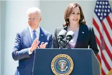  ?? AP Photo/Manuel Balce Ceneta ?? ■ President Joe Biden applauds as Vice President Kamala Harris speaks Monday at the White House during an event on lowering the cost of highspeed internet.