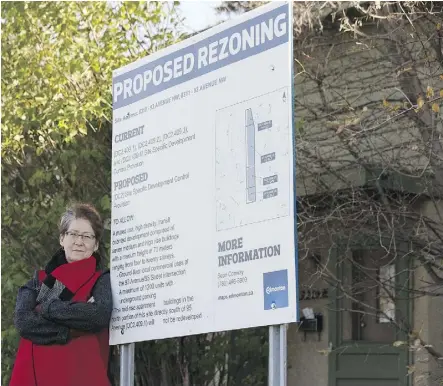  ?? IAN KUCERAK ?? Kim Buehler of the South East Edmonton Seniors Associatio­n at the future home of Holyrood Gardens at 85 Street and 93 Avenue. The project to increase density and height on the site is a concern in Ward 8.