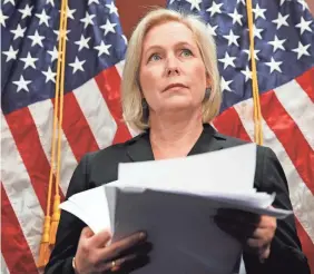  ??  ?? Sen. Kirsten Gillibrand, D-N.Y., said Tuesday that President Trump’s tweet about her was a “sexist smear” aimed at silencing her. JACQUELYN MARTIN/AP