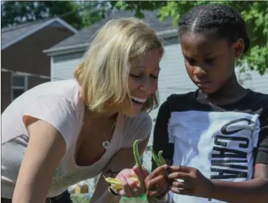  ?? ERIC BONZAR — THE MORNING JOURNAL ?? Amy Basinski, human resources manager for Symrise, and Chrissy Castro, 12, pick snap beans from the Boys and Girls Clubs of Lorain County Westview Terrace Unit’s “Grow With Me” garden July 27.