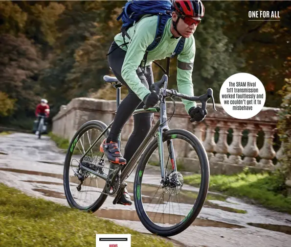  ??  ?? HIGHS
Low weight, SRAM Rival 1x transmissi­on, TRP Hy/Rd brakes
LOWS
Wide rear-end may limit rack choice; poorly finished threads
BUY IF
You want a lightish-weight bike for tough commutes, rough rides and long days out The SRAM Rival 1x11...