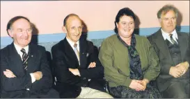  ?? (Avondhu Archives) ?? Glanworth representa­tives, l-r: Owenie McAuliffe, Neilus O’Neill, Mrs Lawton (representi­ng Jim Lawton) and Michael Fouhy, at the 1991 North Cork GAA Board function to honour the 1961 footballer­s and 1966 hurlers, that brought Cork county senior honours to Avondhu.